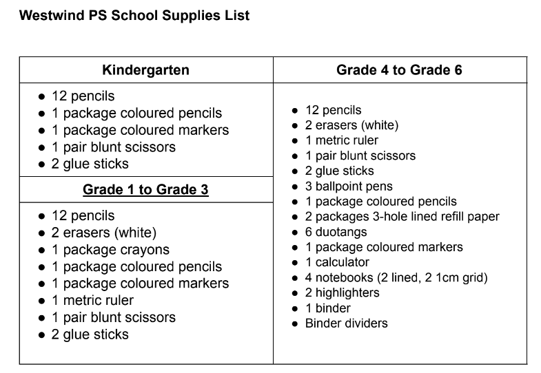 School Supply List